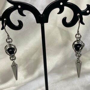 Genuine Black Onyx crystal gemstone silver stainless steel spike earrings